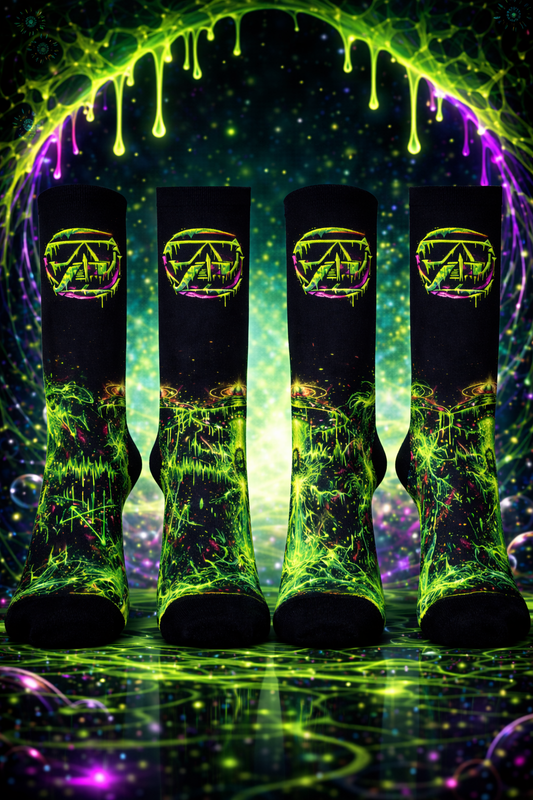 Alien Abduction Cushioned Crew Socks — Neon UFO & Skull Graphic