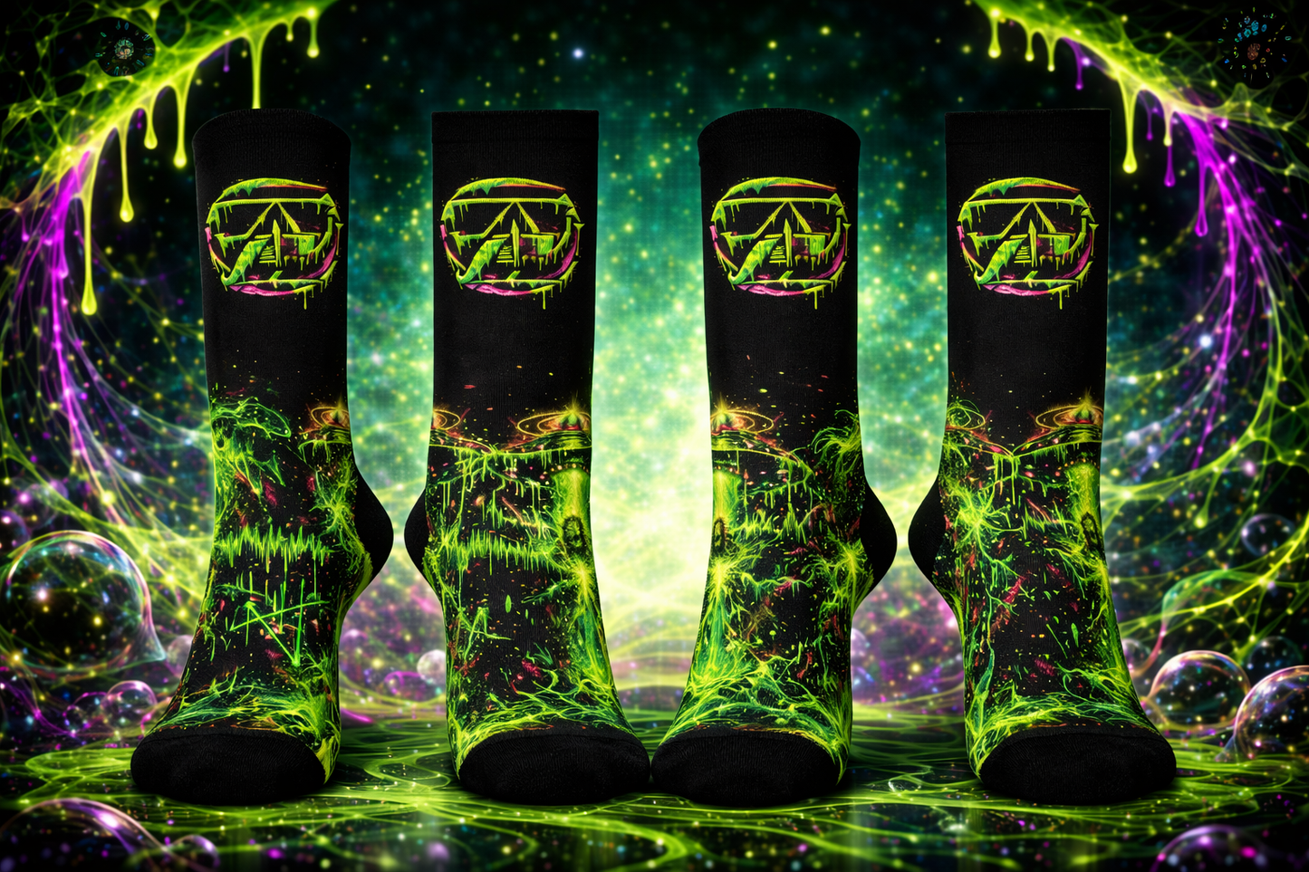 Alien Abduction Cushioned Crew Socks — Neon UFO & Skull Graphic